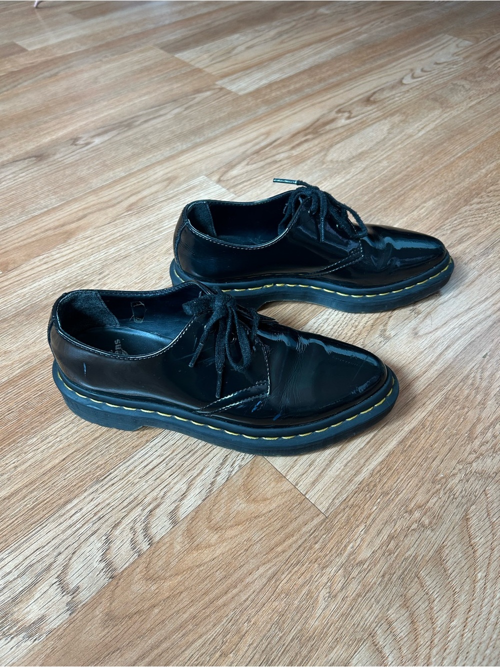 Dr. Martens Black Patent Lace-Up Loafers with Yellow Stitching